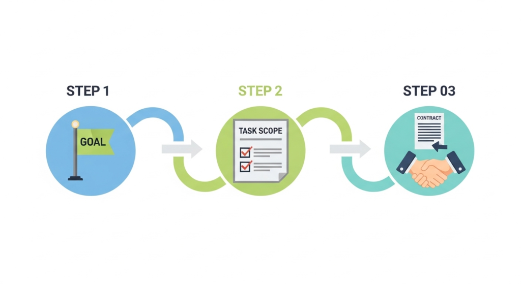 STEP1（目標設定）・STEP2（業務範囲の整理）・STEP3（契約）の3ステップを矢印でつないだフロー図のイラスト