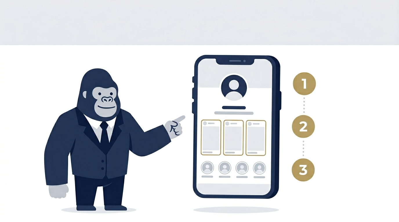 インスタアカウント設計の3ステップを示すフラットイラスト