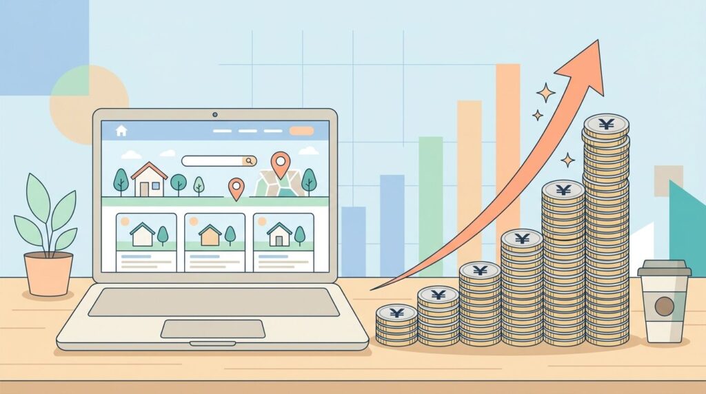 円硬貨の山が高くなる様子と、不動産サイトのモックアップを表示したノートPC。背景に控えめな棒グラフ要素