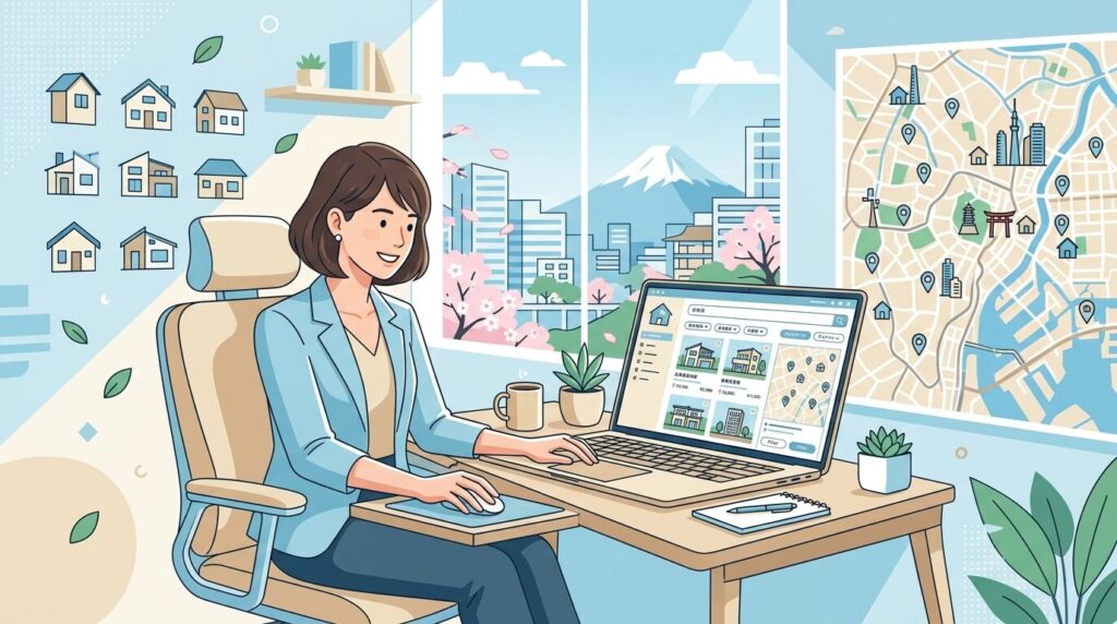 不動産担当者がノートPCで物件サイトを確認している様子。背景に家のアイコンと日本の街の小さな地図。テキスト・ロゴなし