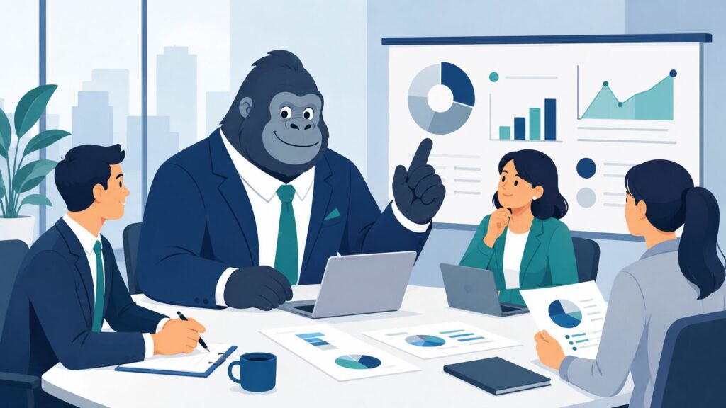 不動産会社でSNS運用が欠かせない理由を示す上昇グラフとゴリラキャラクターのイラスト