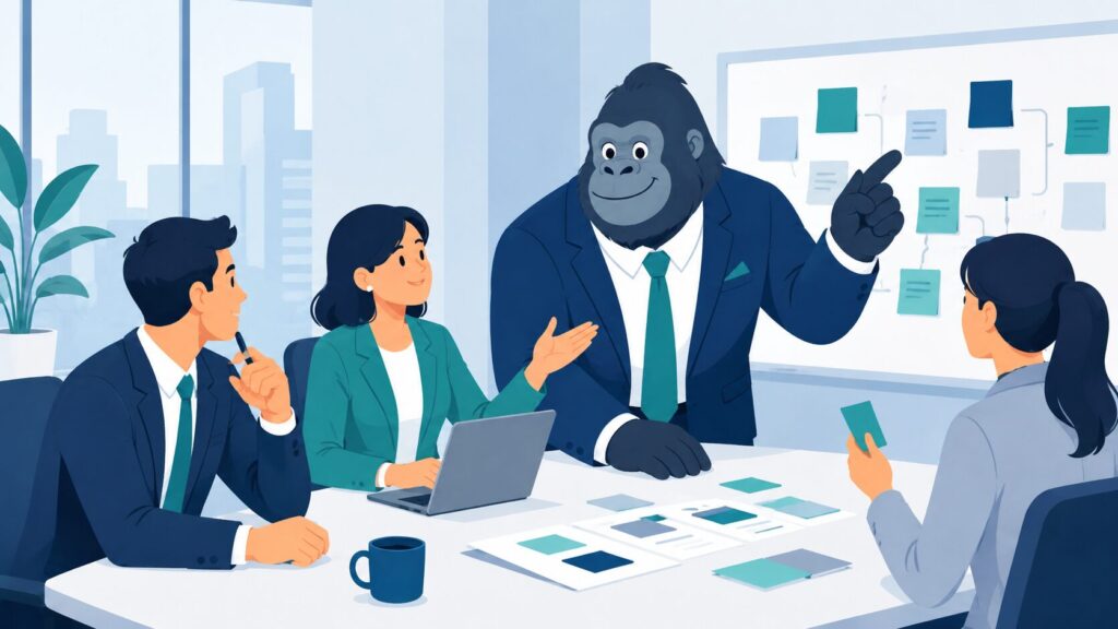 不動産会社のSNS運用で期待できる4つの効果を示すゴリラキャラクターとアイコンパネルのイラスト