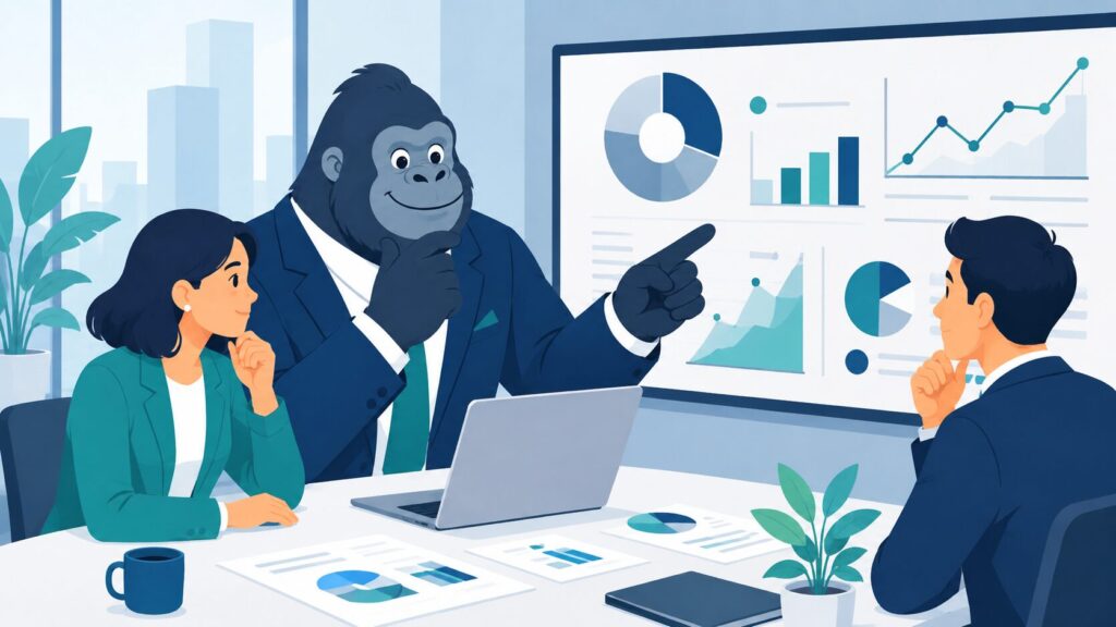 不動産会社が選ぶべきSNS媒体の比較と特徴を検討するゴリラキャラクターのイラスト