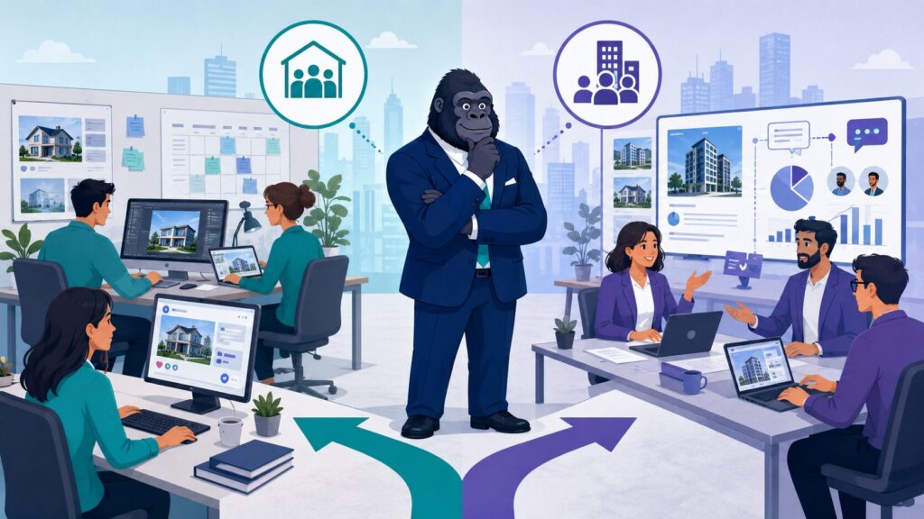 不動産会社の自社SNS運用と代行サービスを比較検討するゴリラキャラクターのイラスト