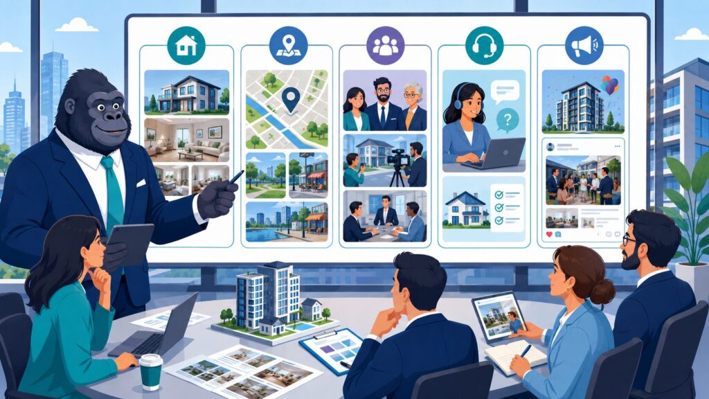 不動産SNS運用で使える投稿ネタ5分類を整理するゴリラキャラクターのイラスト