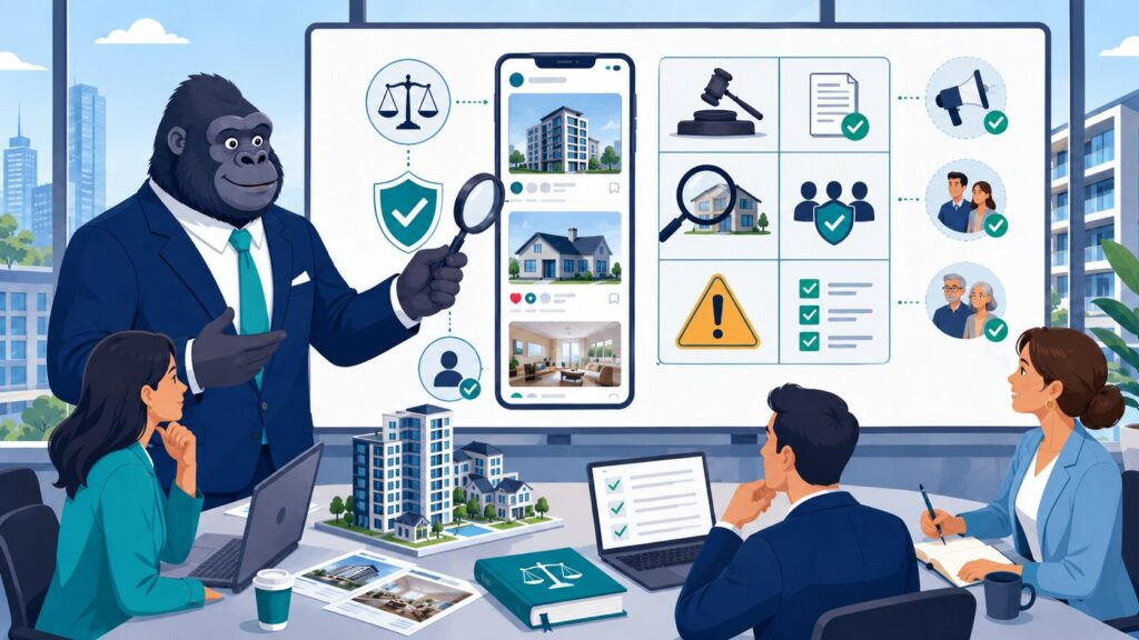 不動産会社のSNS投稿で押さえる法律・規制の注意点を確認するゴリラキャラクターのイラスト