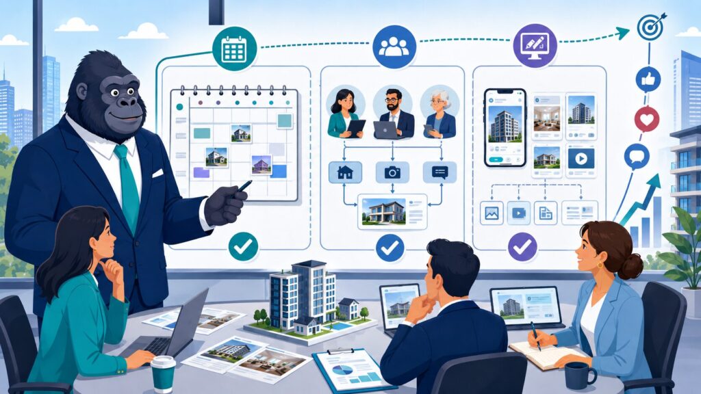 不動産会社がSNS運用を継続するための3つのコツを示すゴリラキャラクターのイラスト